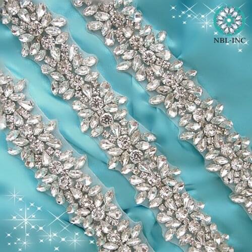 5 YARDS)Wholesale silver bridal beaded crystal rhinestone applique trim for wedding dress sash belt WDD0278