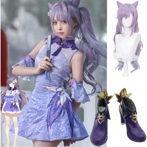 Chinese Cheongsam Genshin Impact Cosplay Costumes Keqing Purple Dress Anime Project Lolita Girl Clothes Princess Qipao Wig shoes
