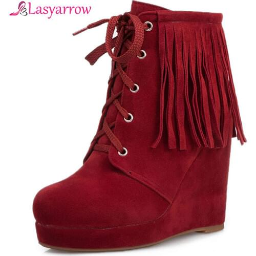 Lasyarrow Autumn Fashion Women Boots wedges Platform Lace up Short Booties Black Red Yellow Ladies Shoes big size 34-50 J1066