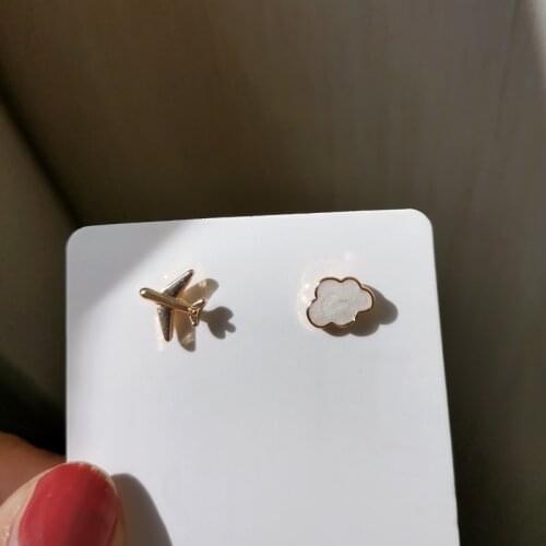 Cute Mini asymmetric airplane aircraft cloud metal vintage stud Earrings small accessories new women jewelry