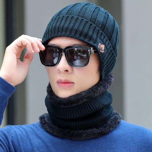 2-piece suit hat men winter knit hat plus velvet thick warmth hood youth tide cold-proof cotton hat woolen hat