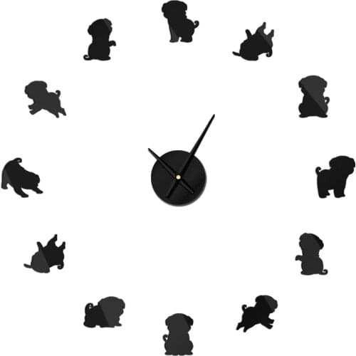 Puppy Animals Pugs Dog Breed Portrait 3D DIY Wall Clock Modern Acrylic Mirror Wall Clock Stickers Wallpaper DIY Clocks