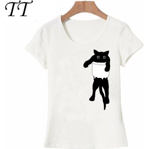 2021 New summer hang loose black cat pocket art women T Shirt Copy Cat design T-Shirt cute girl Tops fashion cool casual Tee