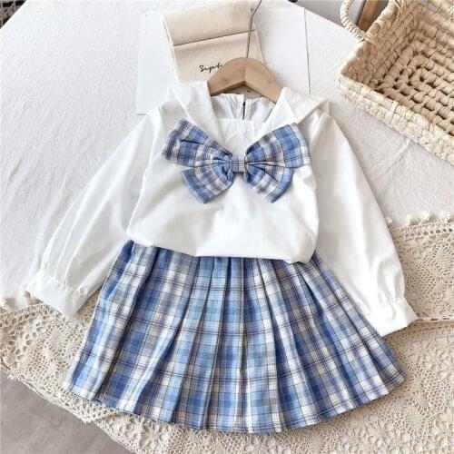 Fall Kids Clothes Bow Tie Long Sleeve Top&plaid Skirt Fashion School Uniform Spring Little Girls Clothing Set Toddler Outfits
