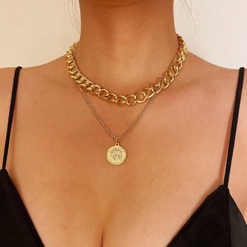 OTA Womens punk multi-layered cross lock pendant necklace cross gold coin portrait coin serpentine necklace 2021 jewelry