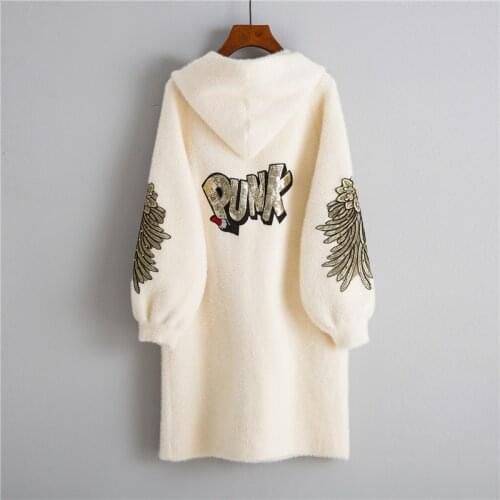 Autumn Winter Full Sleeve Warm Casual Womens Faux Fur Coat 2020 Fashion Female Long Printed Letter Overcoat Hooded Jacket