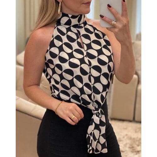 2020 Women O Neck Sleeveless Polkadot Print Blouse Casual Sexy Summer Top Shirt