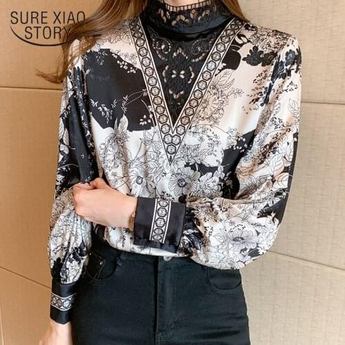 New Elegant Floral Blouse Women Casual Plus Size Stand Collar Female Shirts Long Sleeve Lace Stiching Printing Ladies Tops 16109
