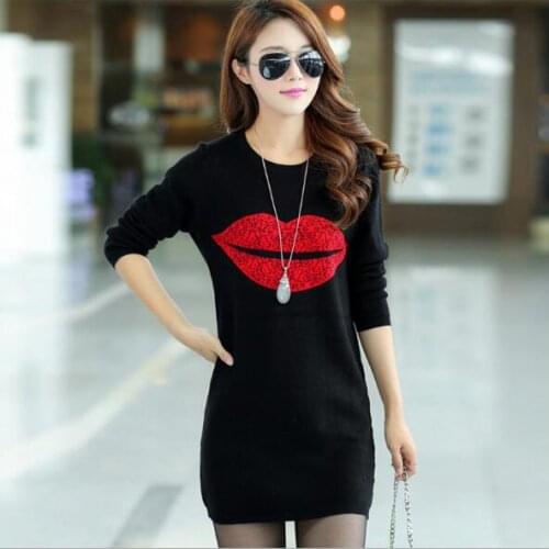 M-XXXL Slim Plus Size Women Clothing Tops Spring 2019 Long Sleeve Red Lip Print Casual T Shirt For Ladies Black Color O Neck Tee