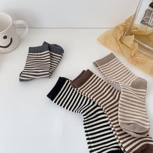 Striped Women Socks 2021 Mocha Color Autumn and Winter Japanese Socks Korean Retro Students In Spring Mori Girl Kawaii