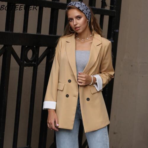 Chic Double-breasted Women Jackets Notched-neck Yellow Women Blazer Jacket Female Outerwear Elegant Ladies Coat 2019 Autumn