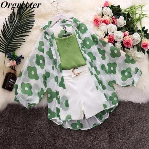 Plus Size L-4XL 3 Piece Set Women Flower Printing Chiffon Sunscreen Long Shirt + Solid Vest +High waist Metal Ring Shorts Suits