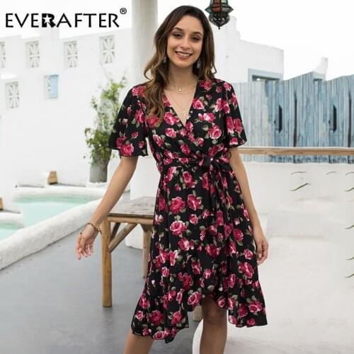 EVERAFTER Vintage Rose flower print women dress summer v-neck sleeve bangage sashes bow slim split casual elegant ladies dresses