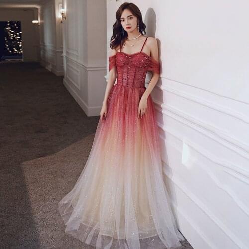 Evening Dresses Pleat Boat Neck A-line Floor-length Off the Shoulder Bling Tulle Plus size Customized Woman Formal Dress A143