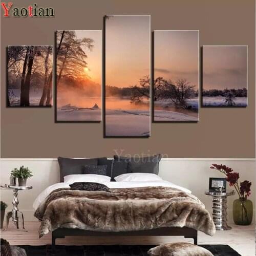 5 Panel Winter Snow Sunrise Fog Lake Trees Landscape 5d diy diamond painting full square round drill diy embroidery diamond art