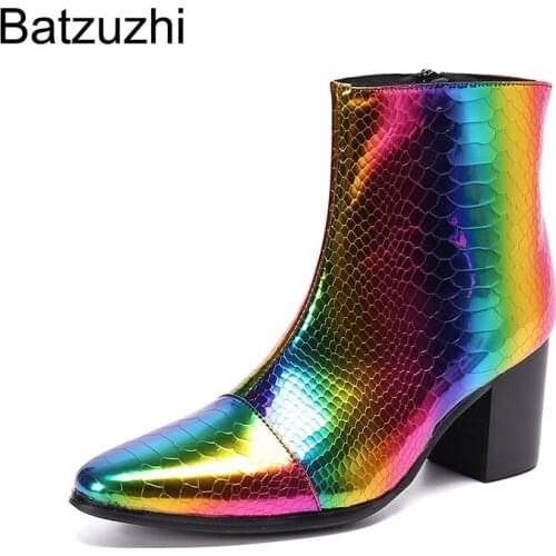 Batzuzhi Street Rock Mens Shoes Boots 7.5cm High Heels Multi Leather Short Boots Men Party/Motorcycle/Wedding Botas Hombre