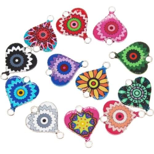 6pcs mixed zinc alloy enamel heart-shaped bracelet earrings link double hole accessories female DIY jewelry making handmade acce