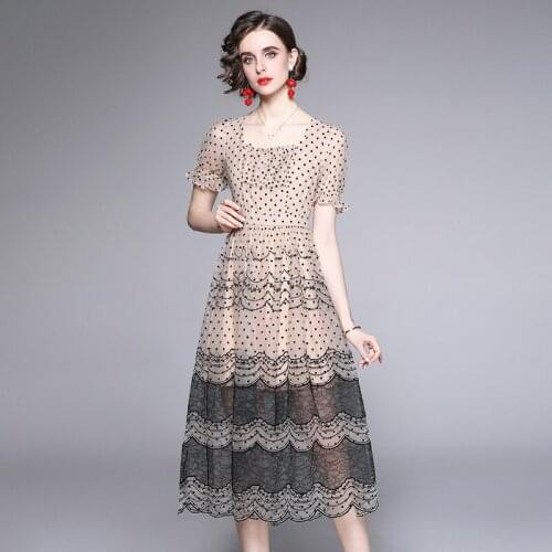 JSXDHK New Summer Mesh Ploka Dot Stitching Lace Dress Fashion Women Square Collar Ruffles Embrodery Tulle Party Long Vestidos