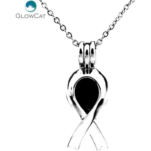 K285 Silver Cancer Breast Awareness Ribbon Sign Steel Necklace Beads Pearl Cage Aroma Essential Oil Diffuser Locket