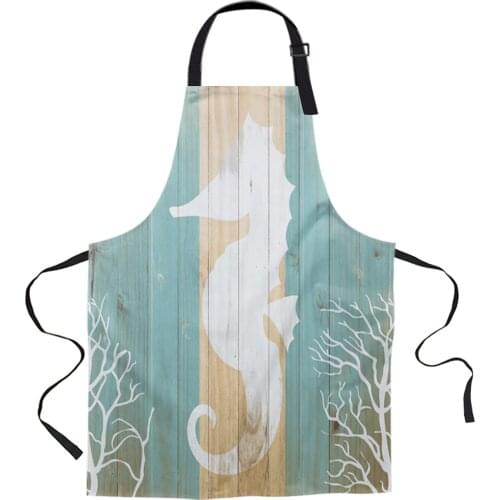 Marine Life Pattern Wooden Sea Horse Silhouette Kitchen Nail Shop Apron for Women Men Kids Aprons Cooking Baking Accessories