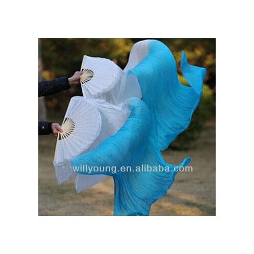 New dyed White/Turquoise Bellydance Real Silk Fan Veil long dancing pure Silk Fans with Left+Right hand