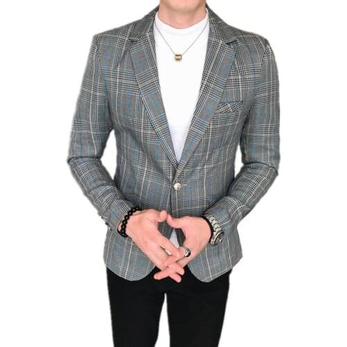 2021 Autumn Grey Plaid Blazers Men Slim Fit Business Costume Office Lattice SUIT Jacket COAT M-3XL