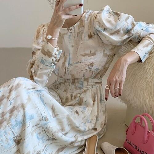 Sannian Autumn Women Dress Retro Round Neck Chic Print Lace-up Waist Knee-length Long Puff Sleeve Dress Ladies Clothes