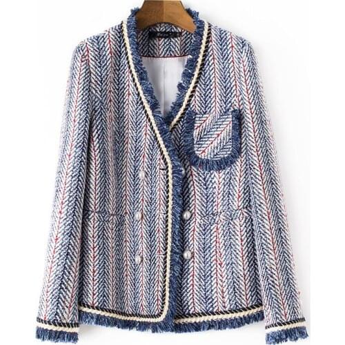 Xiaoxiangfeng Coat Womens Winter 2021 Spring and Autumn Short Blue Tweed Woven Celebrity French Top Autumn and Winter Fashion