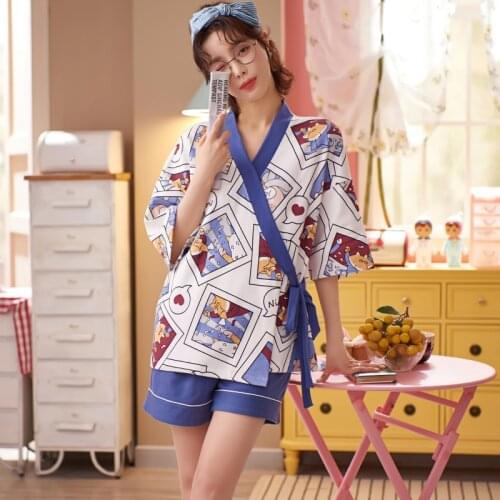Japanese Style Pajamas For Women Kawaii Anime Manga Maiden Sleepwear Women Cotton Loose Homewear Sexy V-neck Blue Kimono Pajamas