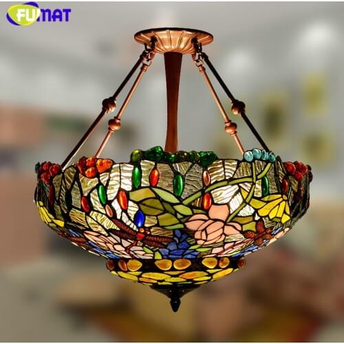 FUMAT Stained Glass Pendant Lamp Pastoral Warm Floral Hanglamp Shade Lights For Living Room Art Glass Suspension Pendant Light