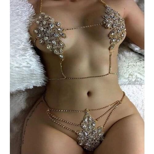Luxury Flower Sexy Rhinestone Body Chain Thong Bling Full Crystal One-Piece Body Chain Lingerie Jewelry Bikini Accessories