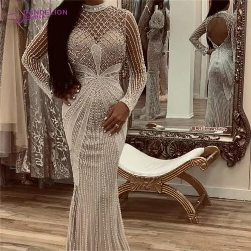 Dubai Luxury Mermaid Evening Dresses For Women 2021Long Sleeves Diamond Beading Formal Party Gowns