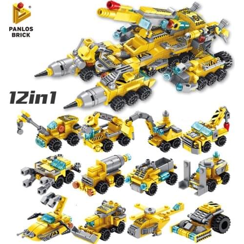 Building Blocks 12in1 Stacking Toys Constryction Truck Crane Trailer City Building Bricks Loading Car Grab Machine Helicopter