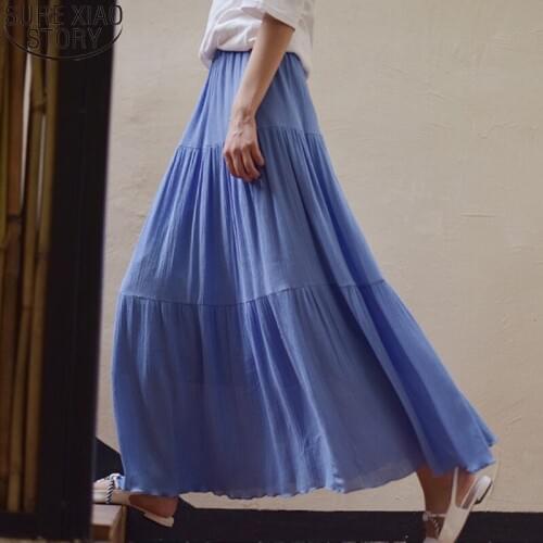 Women Blue Long Skirt Women Boho Womens Skirts Female Casual Summer Cotton Linen Skirt Elastic Waist Women Maxi Long Skirts 9934