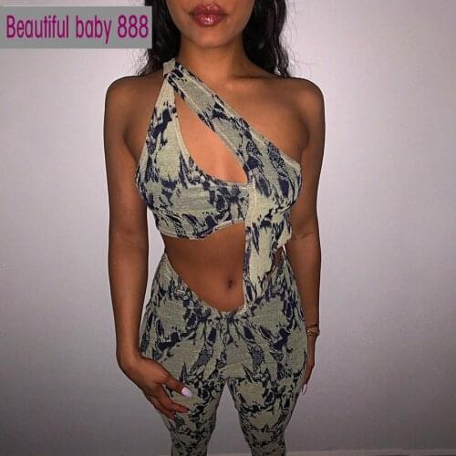 Meqeiss Aesthetic Print 2Two Piece Set Women Spring Sexy Halter Backless Sleeveless Crop Top+Stretchy Leggings Co-ord Suit Trend