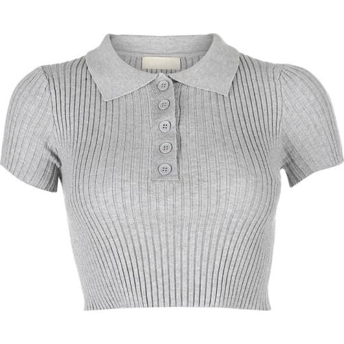 Y2K 2021 Spring and Summer New Fashion Sexy Rib Collar Exposed Navel Short Sleeve Top Crop Top