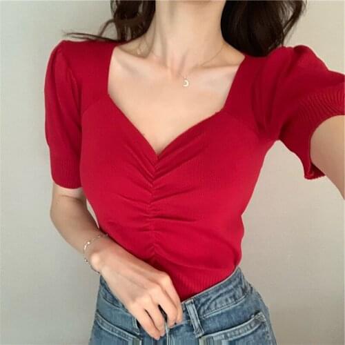 8 Colors Lady Puff Sleeve Stretch Pleated Slim Top Basic Knit Streetwear Women Knitted Sexy V Neck Short T Shirt 2021 Summer