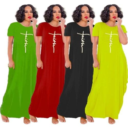 S-5XL Plus Size Solid Long Dress with Pockets Women Short Sleeve O Neck Dresses Summer Autumn Elegant Sundresses Streetwear 2021