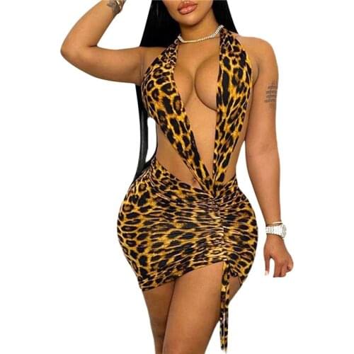 Female Sexy Dress Leopard Print Halter Neck Sleeveless Backless with Drawstring for Summer S/M/L