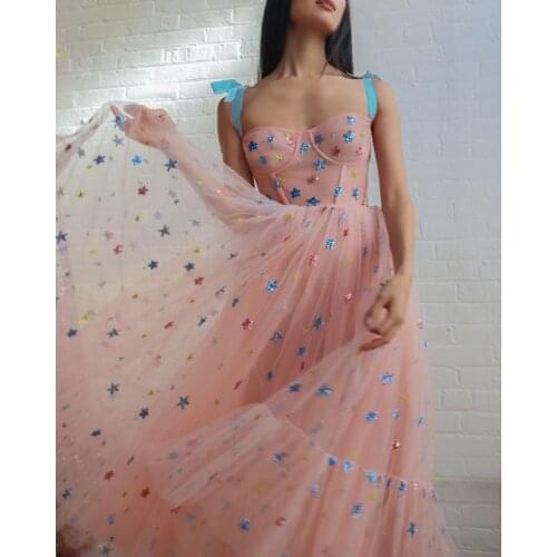 MCK-A452 Sweet Pink Star Mesh Dress Tulle Women Summer Spaghetti Strap Runway Design Vestido Casual Dress Party Female