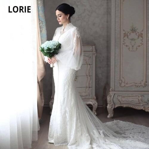 LORIE Arabic Wedding Dresses Lace Square Collar Long Puff Sleeves Polka Dot Mermaid Wedding Gown Buttons Bridal Dress 2021