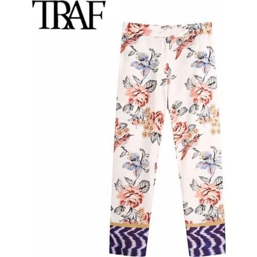 TRAF Women Fashion Side Pockets Floral Print Skinny Pants Vintage High Waist Zipper Fly Female Ankle Trousers Mujer