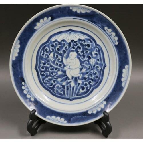 Chinese Old Blue and White Kid Figure Pattern Porcelain Plate
