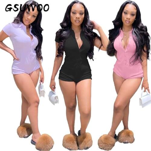 GSUWOO Summer Women Short Sleeve Lapel Button Playsuit Casual Female Overalls Solid Color One Piece Outfit Clothes Jumpsuits