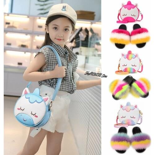 Kids Slippers Messenger Bag Set Fluffy Real Fox Fur Slides Colorful Furry Shoes Children Pack Fashion Cute Unicorn Shoulder Bag