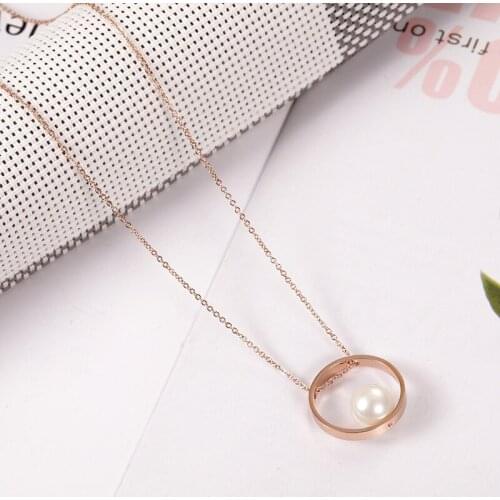 Fashion Pearl Necklace Jewelry Rose Gold Color Hollow Round Pendant O-chain Stainless Steel Link Short Necklaces No Fade