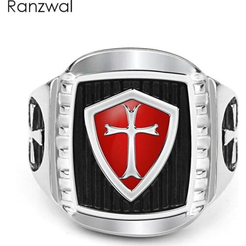 Ranzwal Men 316L Stainless Steel Ring Red Armed Cross Shield Knight Rings for Women US SIZE 7~14