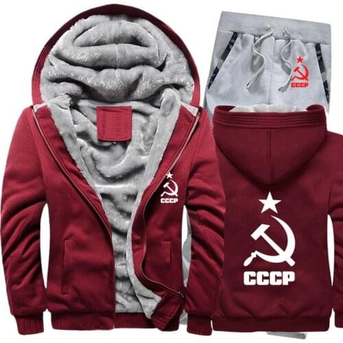 2021 Winter Fleece Thicken Tracksuit CCCP Russian Hoodies Men Set Casual Warm USSR Soviet Union Sweatshirts Jacket + Pants Sets
