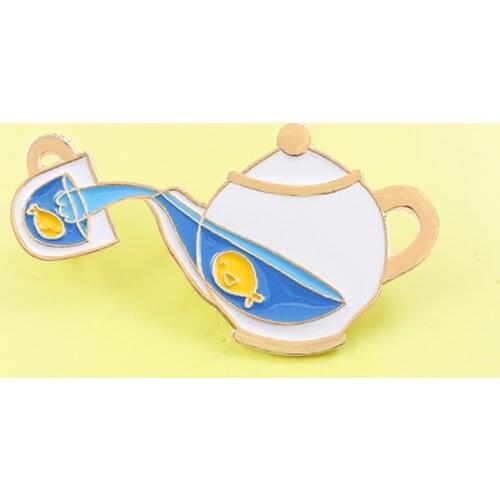 NEW Blue Teapot fish cup Brooch Goldfish In A Teapot Afternoon tea Enamel Pin Shirt Coat Icon Child Badge Gifts Jewelry Broche