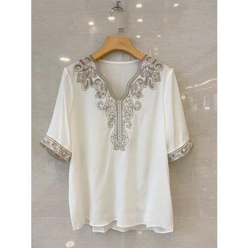 New women fashion 2021 short-sleeved casual embroidered hollow silk top 0404